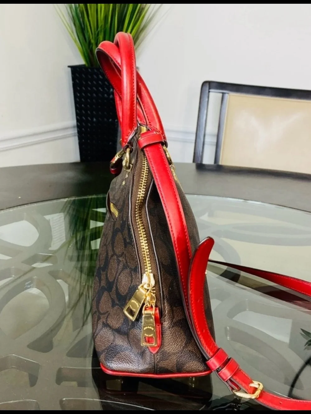 Coach Brown Signature Dome Satchel with Red Trim